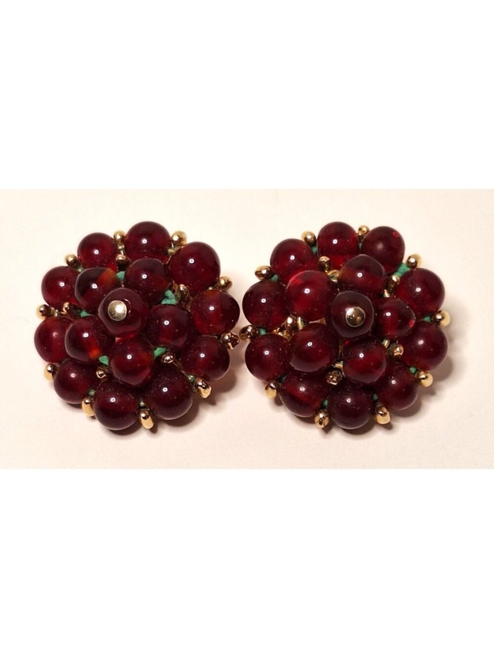 Vintage Ruby Red Glass Bead Cluster Dome Clip On Earrings Gold Tone Berry 1950s